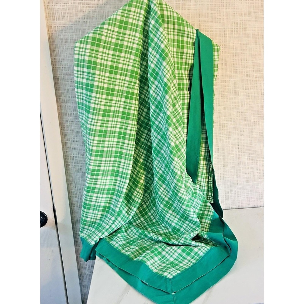Vintage Tablecloth Green Cream Plaid Retro 1970s Cotton Handmade 76" X 47" CCC